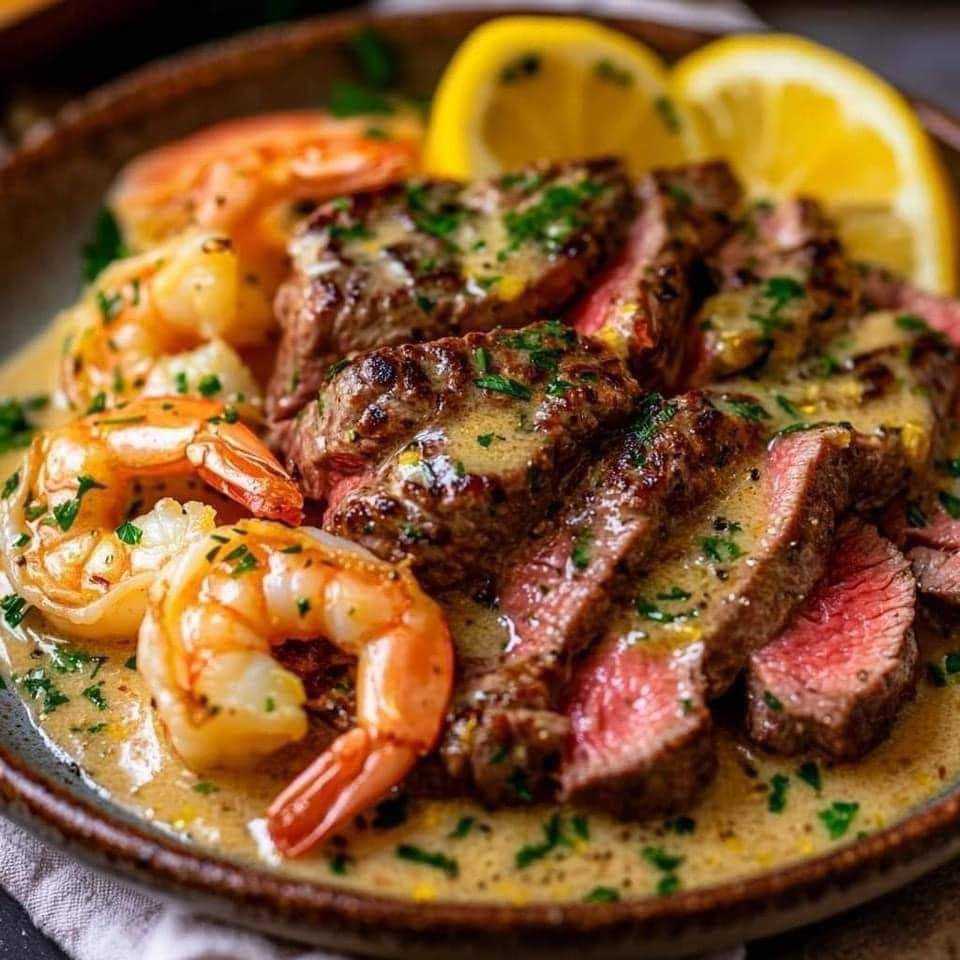 Creamy Lemon Garlic Butter Steak and Shrimp