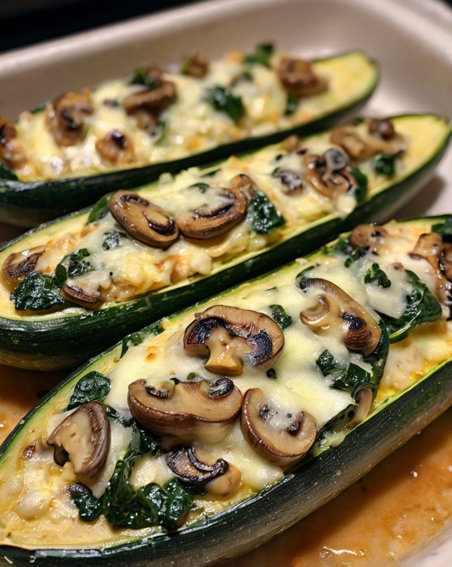 Spinach, Mushroom, and Ricotta Stuffed Zucchini Boats 