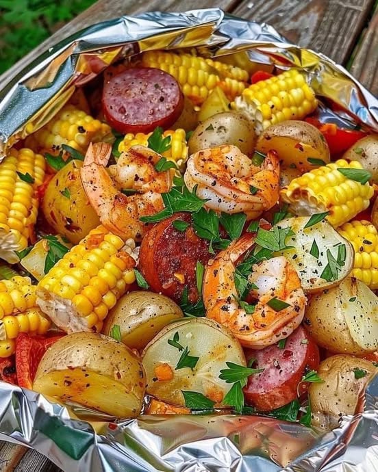 Shrimp, Corn, Potatoes, and Smoked Sausage Foil Pack