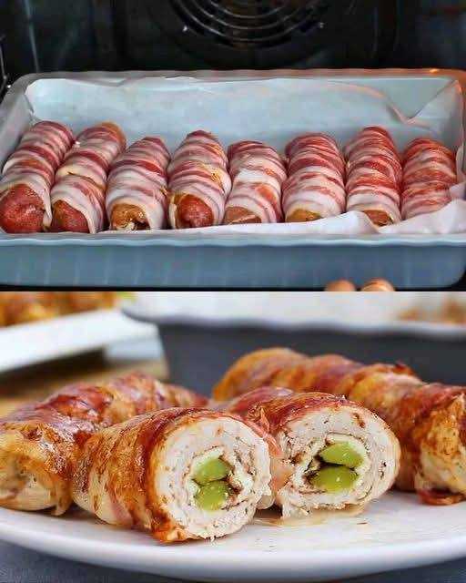 Bacon-Wrapped Pork Rolls with Egg Omelette and Pickles