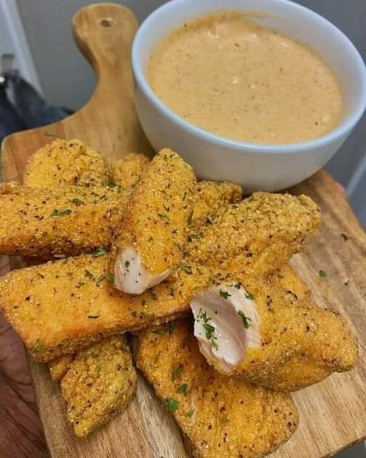 Fried Lemon Pepper Salmon Sticks with Old Bay Blue Cheese