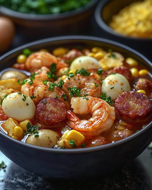 Shrimp and Sausage Stew with Quail Eggs recipe